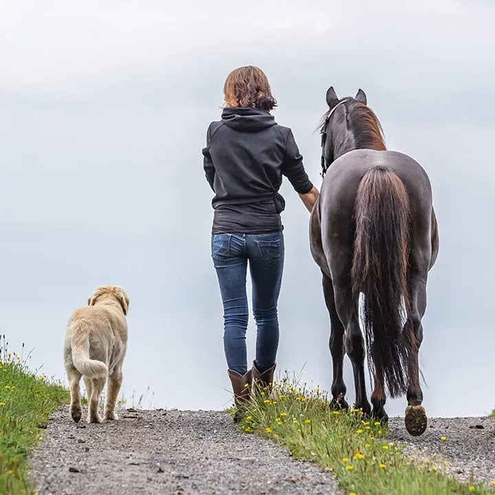 Reklame for centaura insektspray for hund, hest og menneske. En dame leier hesten sin mens hunden tripper fornøyd ved siden av.