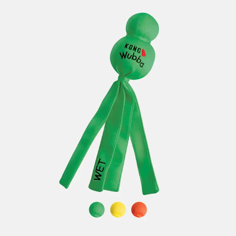Wet Wubba flytende hundeleke i grønn med fargealternativ på grå bakgrunn.