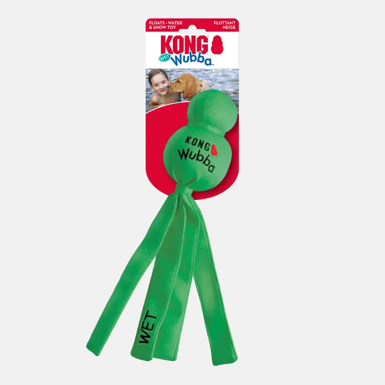 Wet Wubba flytende hundeleke i grønn med original embalasje på grå bakgrunn.