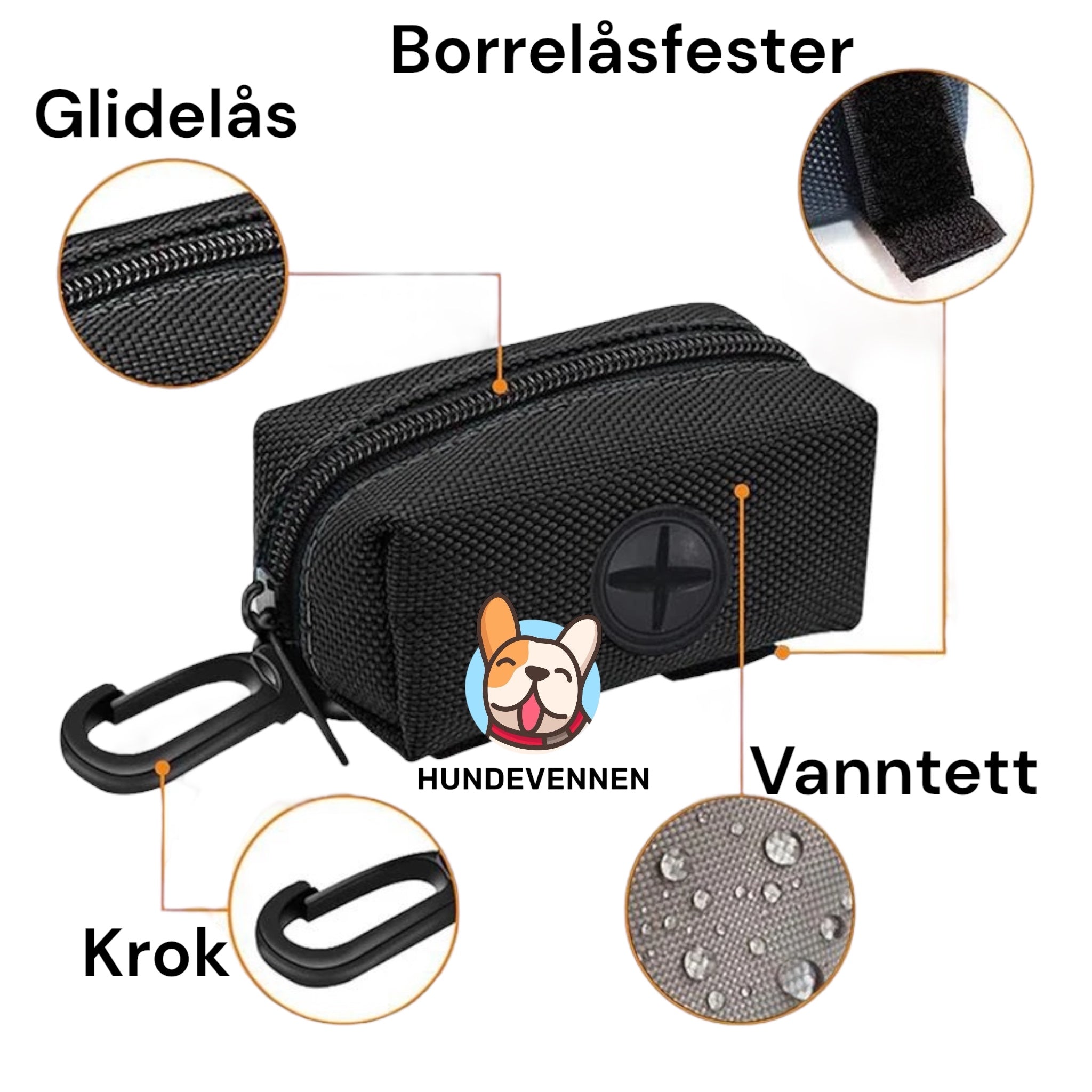 Hundeposeholder med krok og borrelås