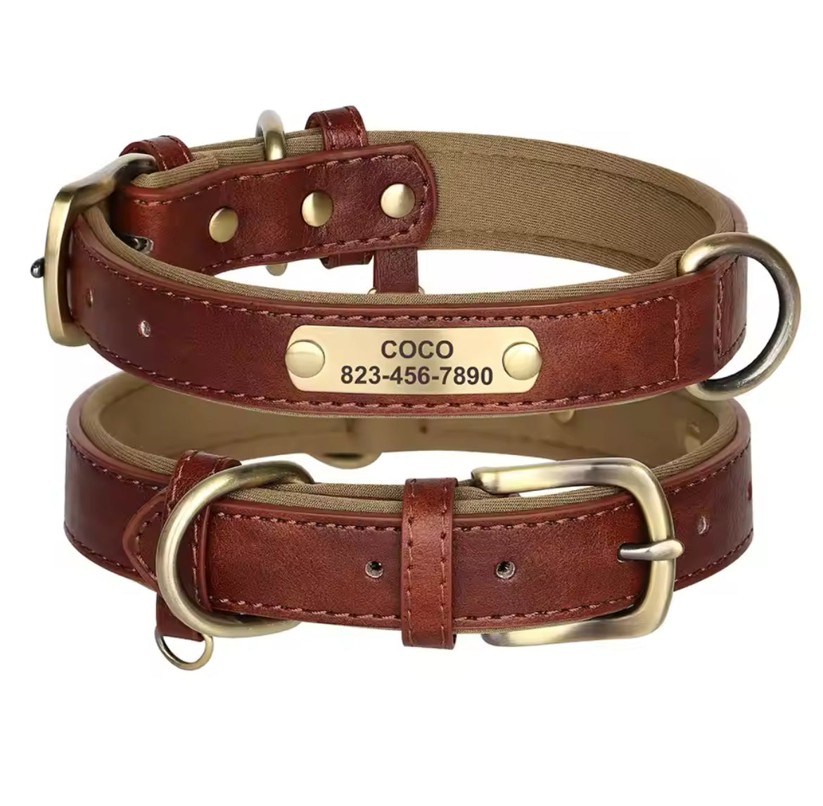 Hundehalsbånd med navn – PU-skinn med gravert metallplate