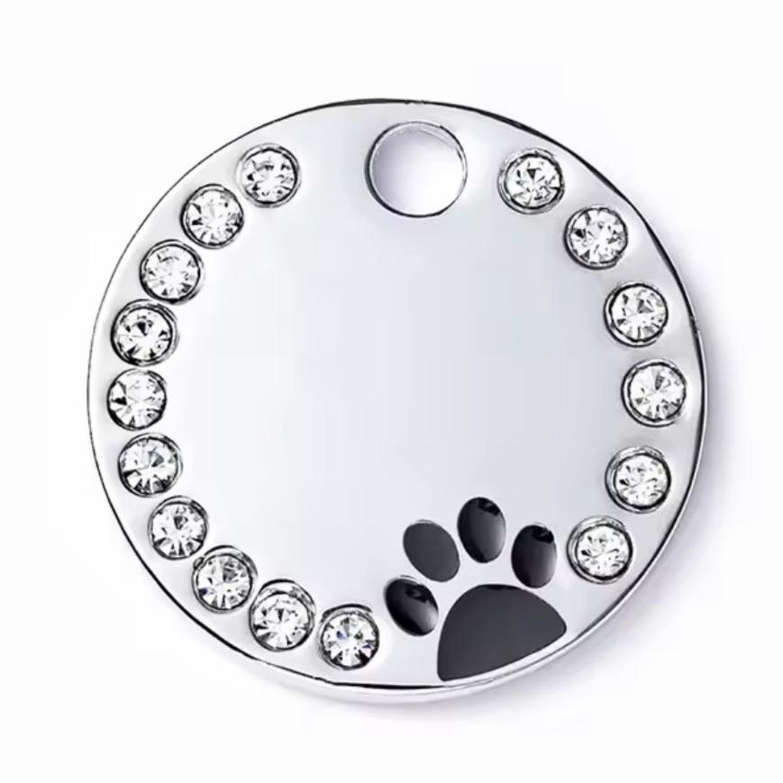 Personlig ID-brikke med glitter – rund navnebrikke til hund og katt