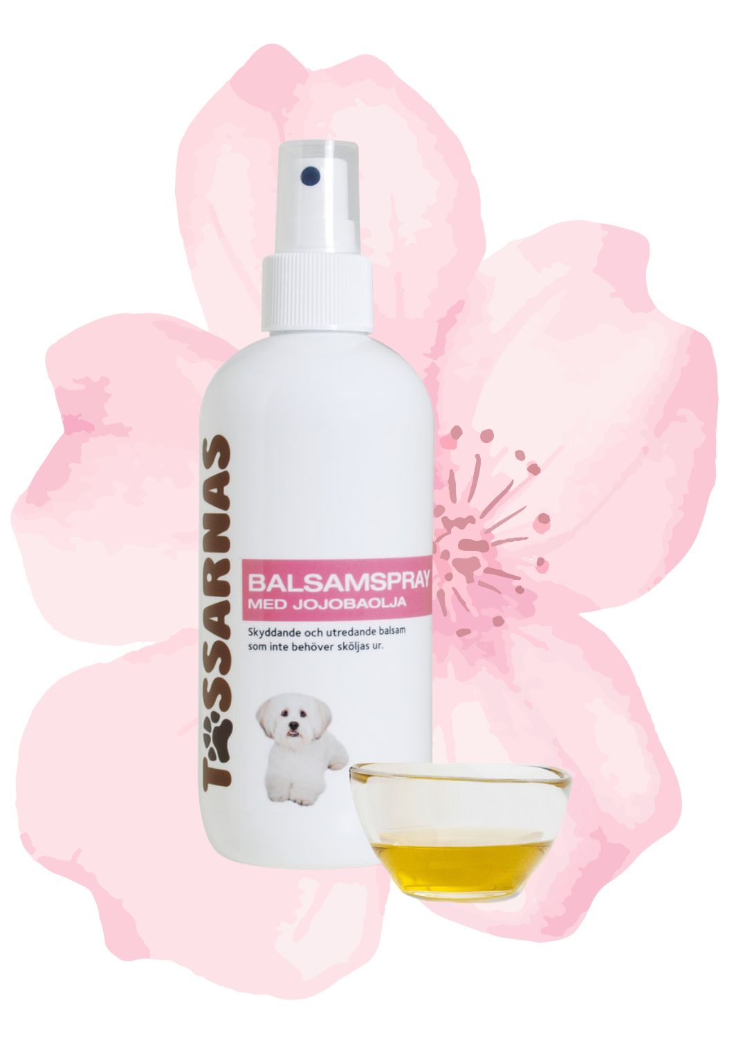 Tassarnas Balsamspray med jojobaolje med vårlig bakgrunn av en rosa blomst