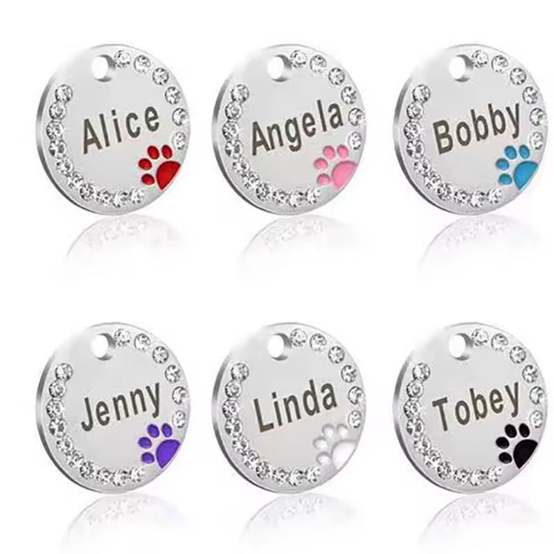 Personlig ID-brikke med glitter – rund navnebrikke til hund og katt
