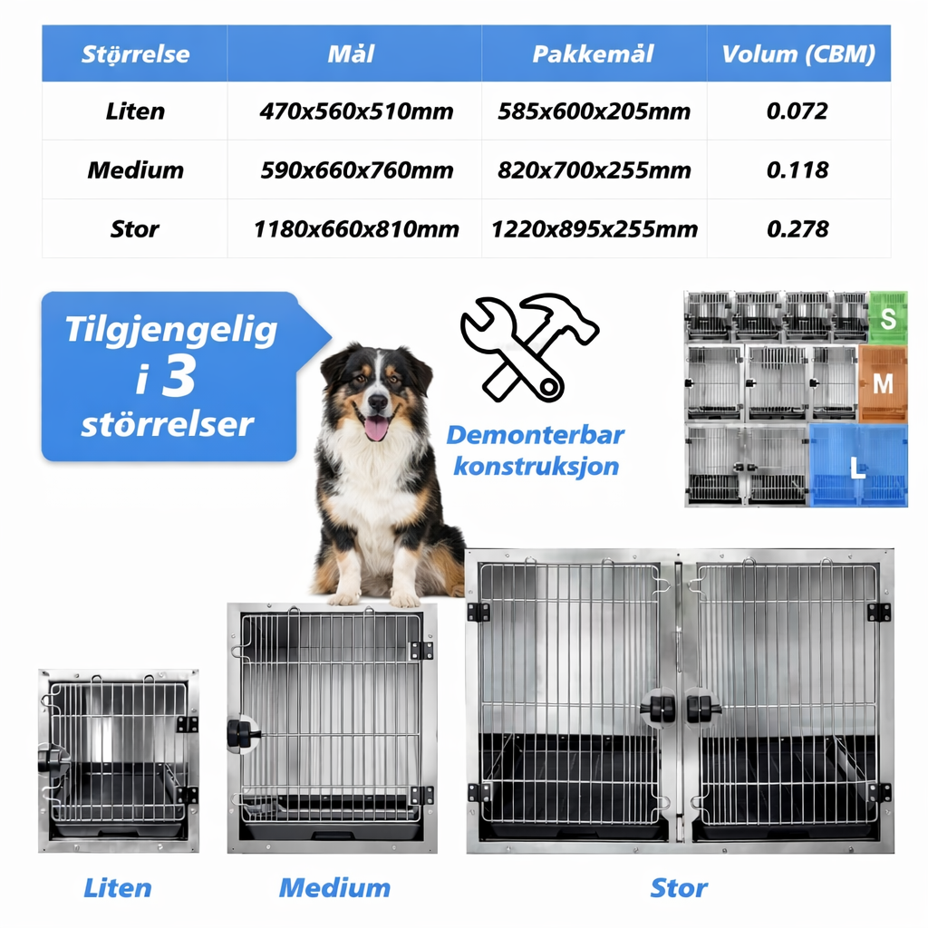 Veterinærbur i rustfritt stål – 59 x 66 x 76 cm