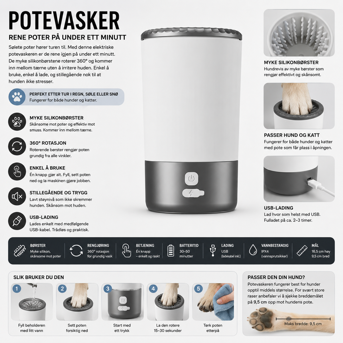 Elektrisk potevasker med silikonbørster