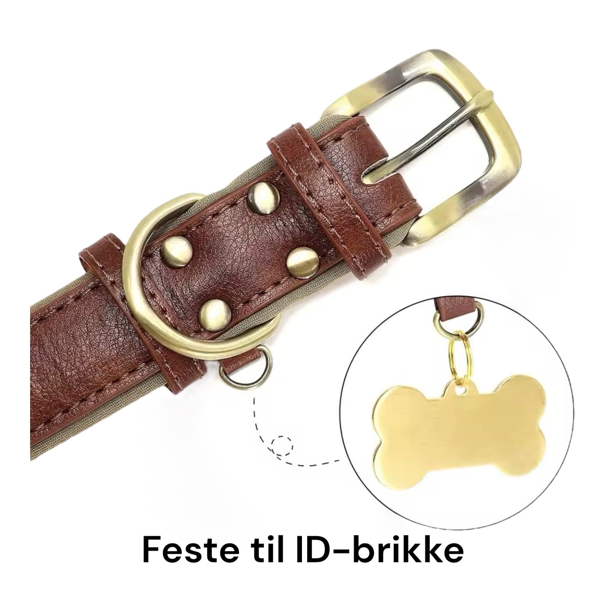 Hundehalsbånd med navn – PU-skinn med gravert metallplate