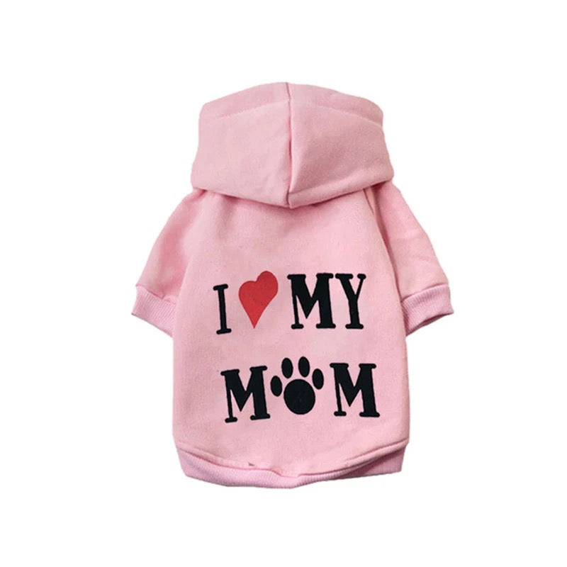 Hundegenser med hette «I Love My Mom»