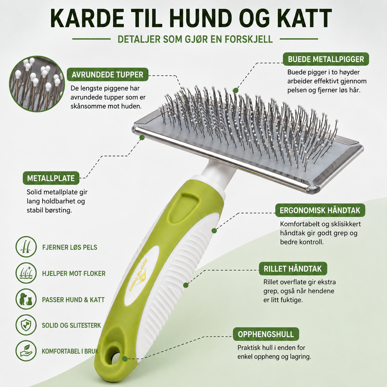 Karde til hund og katt – pelsbørste med buede pigger