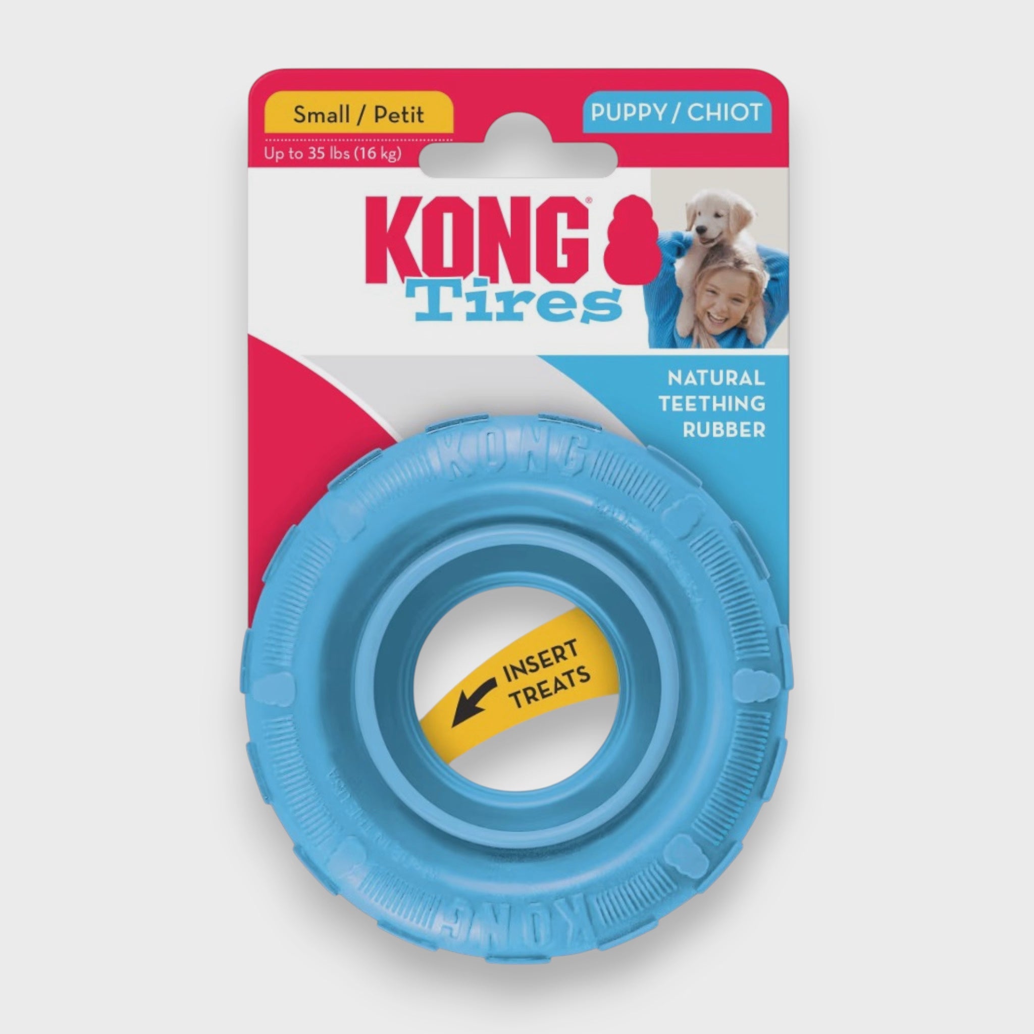 KONG Puppy Tires S dekkformet tyggeleke i gummi til valp som kan fylles med godbiter blå