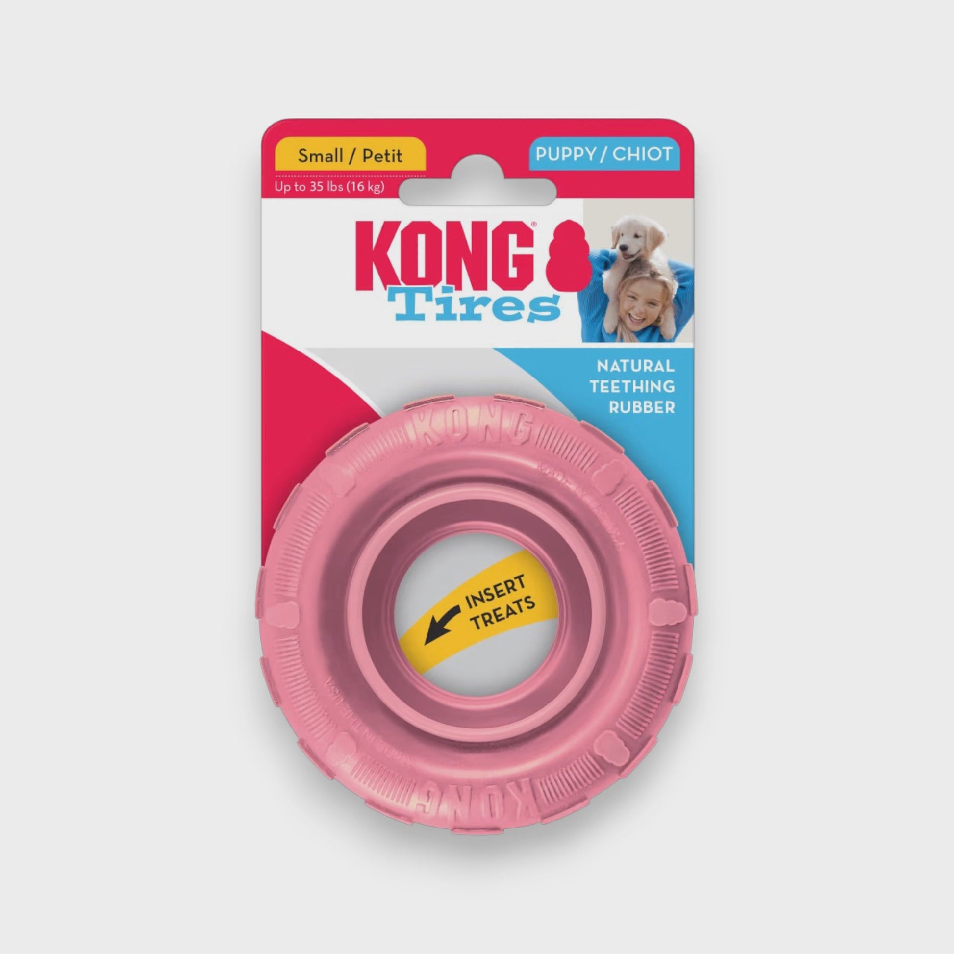 KONG Puppy Tires S dekkformet tyggeleke i gummi til valp som kan fylles med godbiter rosa