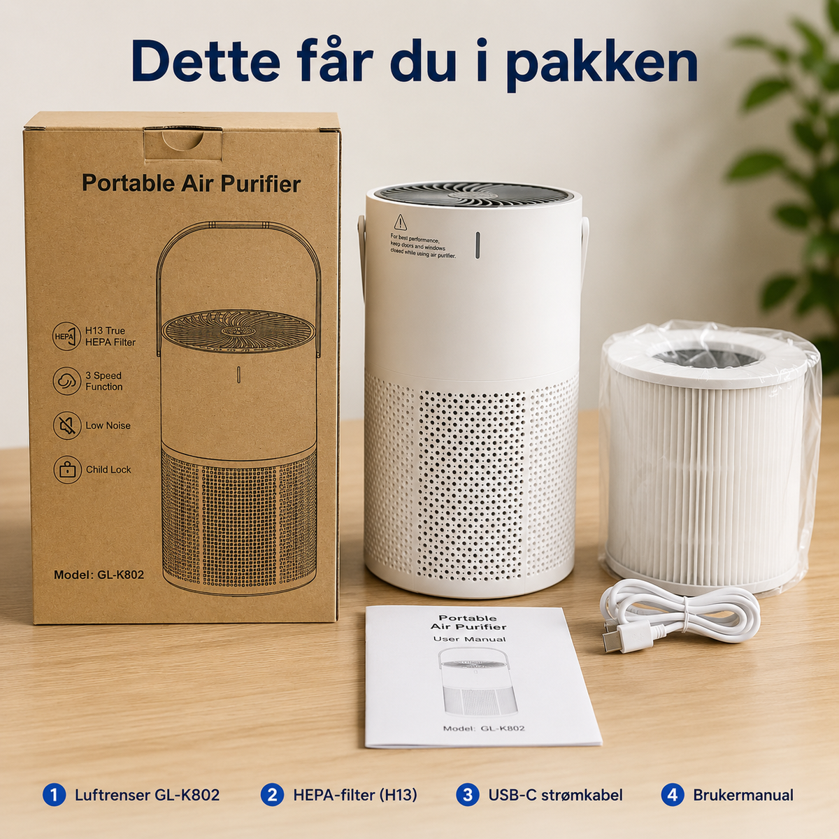 Kompakt luftrenser med H13 HEPA og kullfilter