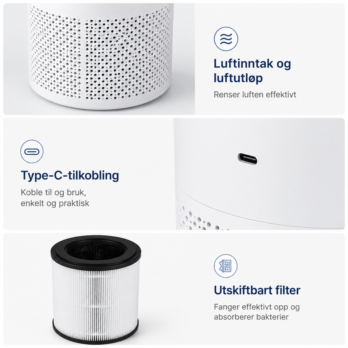 Kompakt luftrenser med H13 HEPA og kullfilter