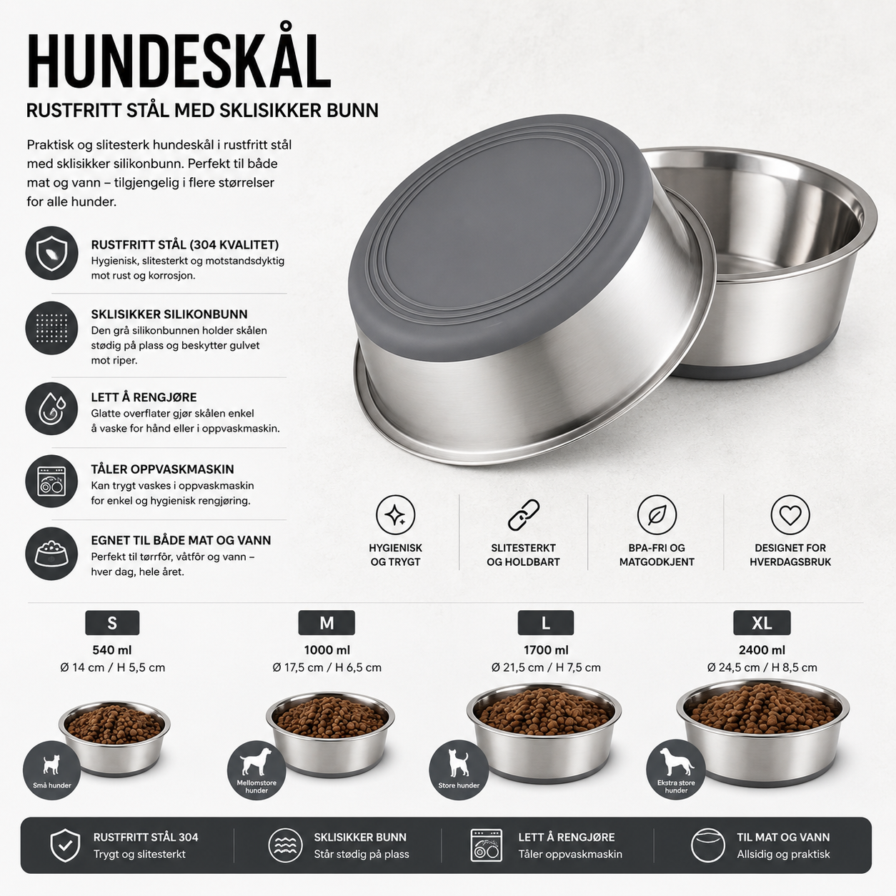 Matskål til hunder for vann eller mat. Laget i rustfritt stål og med sklisikkert underlag