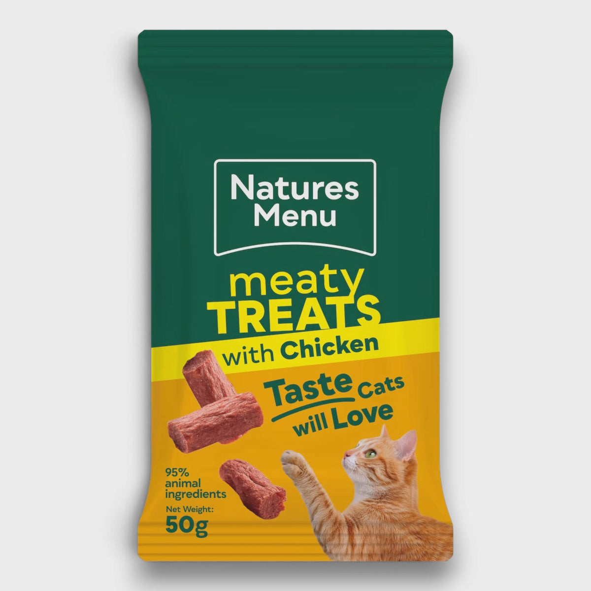 Natures Menu Meaty Treats med kylling er myke, kjøttrike kattegodbiter med hele 95 % kjøtt