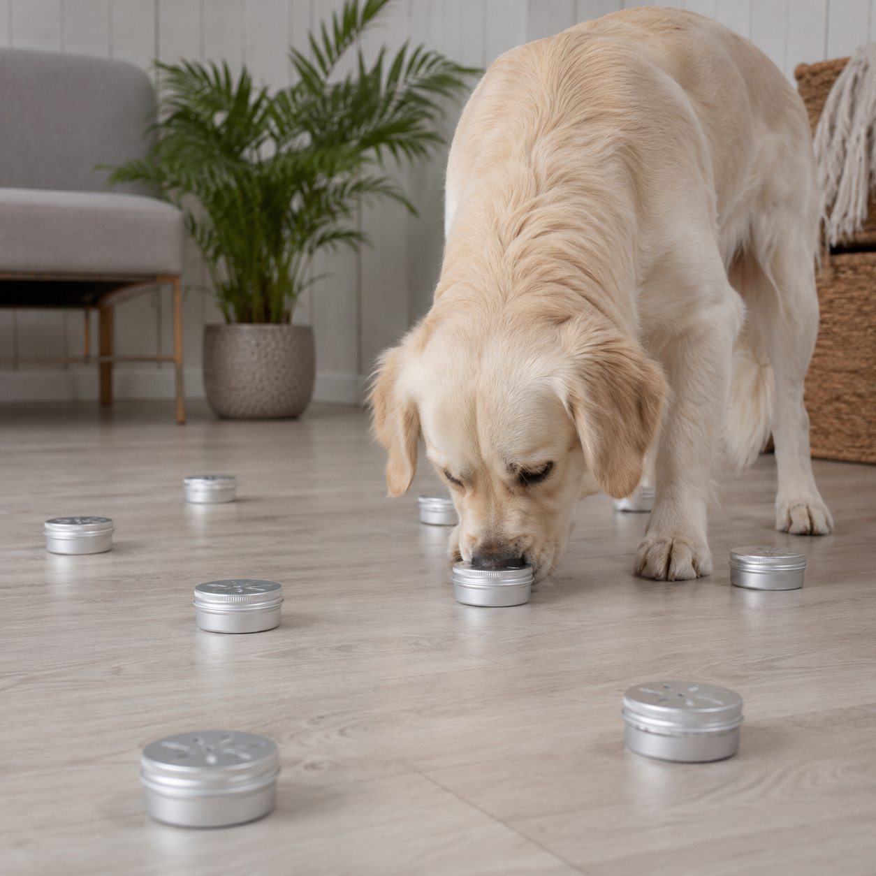 Golden retriever søker etter lukt med nosework søketiner i aluminium under innendørs søkstrening.