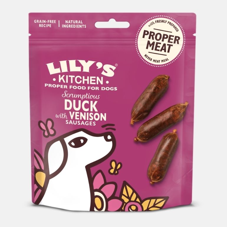 Bilde av en pose Lily's Kitchen Scrumptious duck with venison sausages.