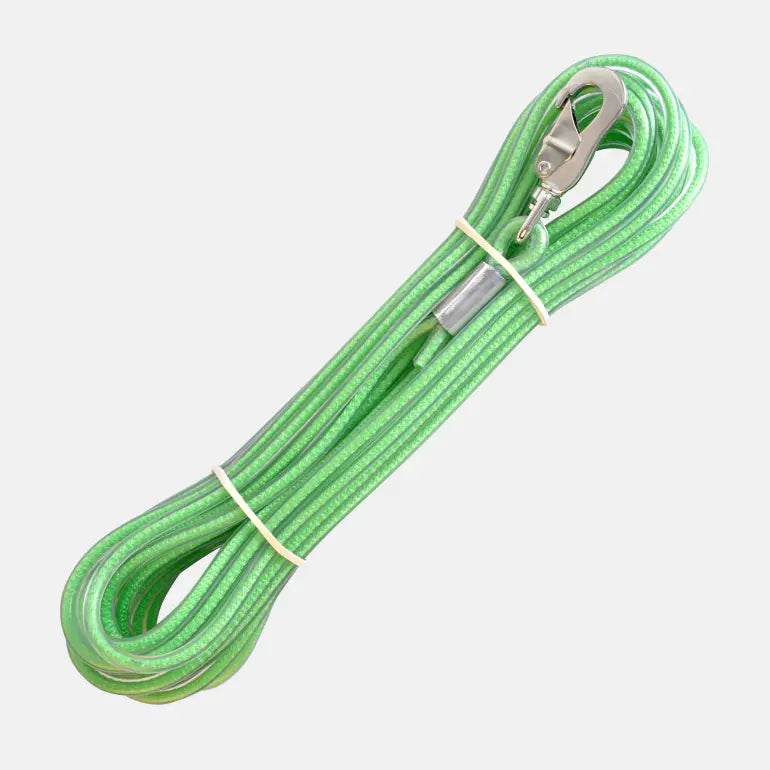 Grønn sporline med karabinkrok fra Alac på grå bakgrunn.