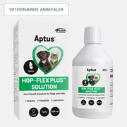 Produktbilde av Aptus Hop-Flex Plus Solution. Flasken ved siden av pakken.