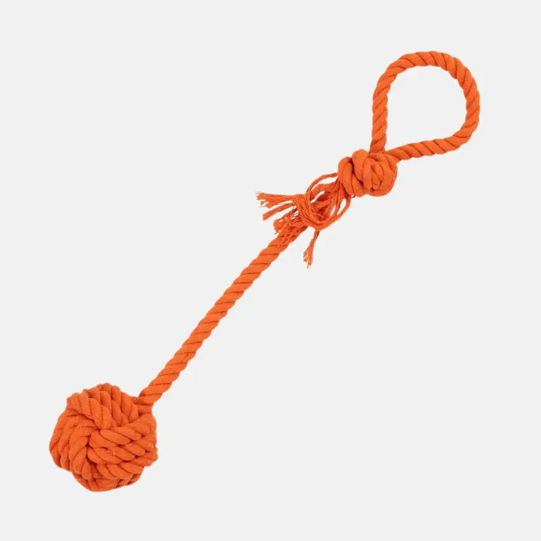 Draleke av tau med tyggeknute fra Dogman. Orange på grå bakgrunn.