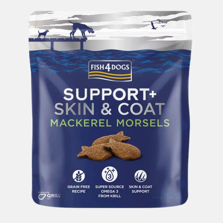 Fish4Dogs Support+ Mackerel Morsels på grå bakgrunn.
