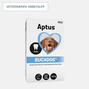 Produktbilde av boksen til Aptus Bucadog tyggelapper for store hunder.