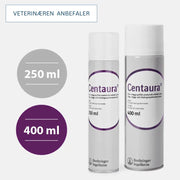 Centaura insektspray for hund, hest og menneske i original forpakning på grå bakgrunn. Informasjon om at produktet fås i både 250ml og 400ml.