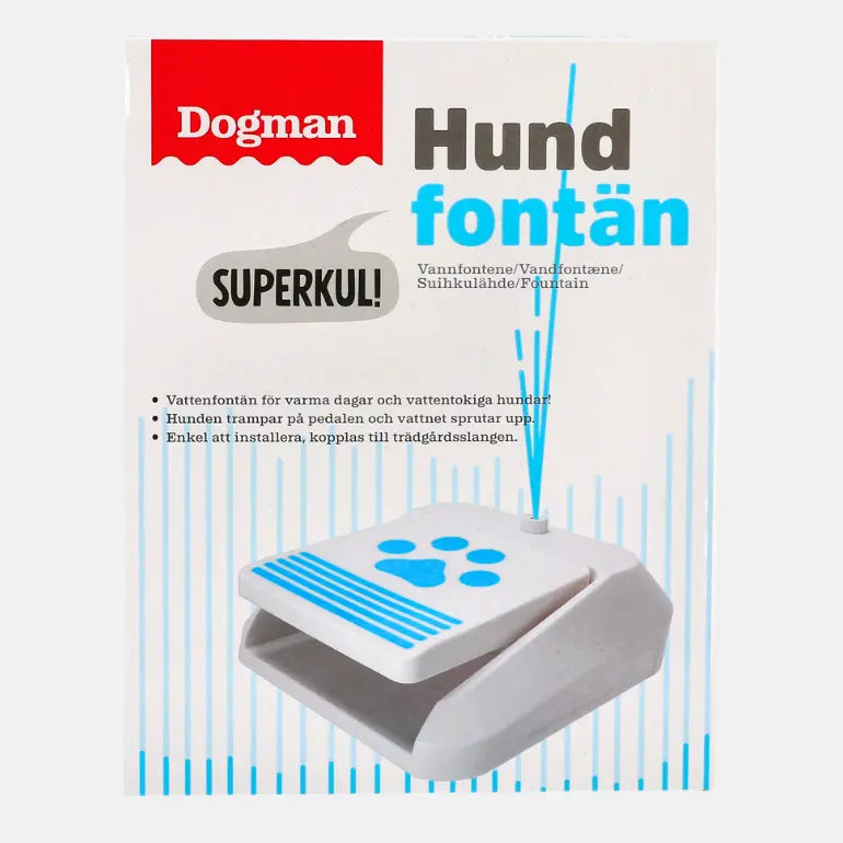 Vannfontene til hund i original forpakning på grå bakgrunn. Fremside.