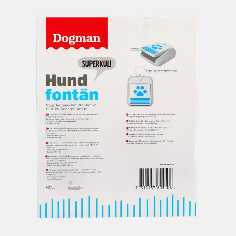 Vannfontene til hund i original forpakning på grå bakgrunn. Bakside.