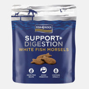 Fish4Dogs Digestion White Fish Morsels på grå bakgrunn.