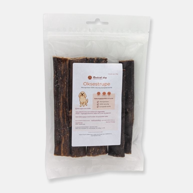 Produktbilde av oksestrupe i forpakning fra Radical Dog.