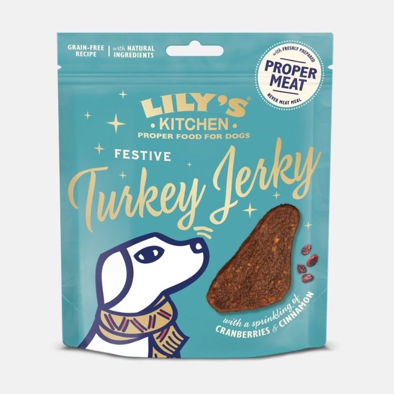 Bilde av en pose Lily's Kitchen Festive Turkey Jerky.