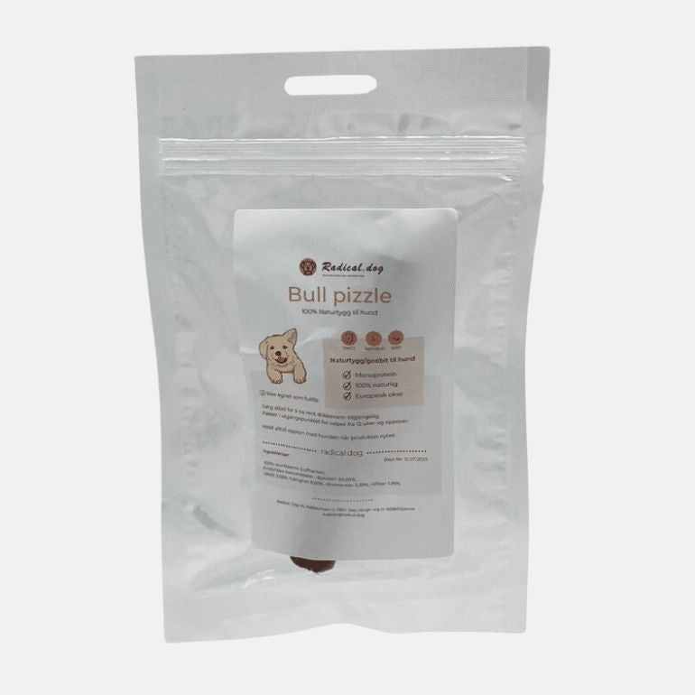 Produktbilde av oksemuskel i forpakning fra Radical Dog.