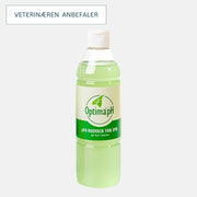 En flaske med Optima ph4 hudvask for dyr på grå bakgrunn.