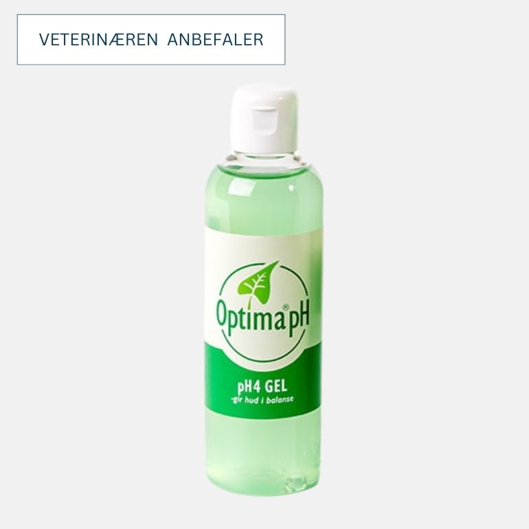 En flaske med Optima ph4 gel for dyr på grå bakgrunn.