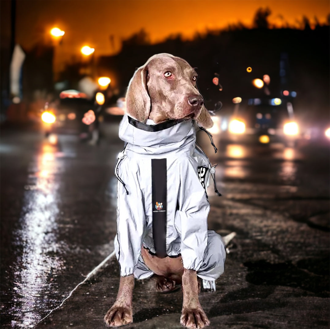 Hund med refleks regndress på tur i regnvær
