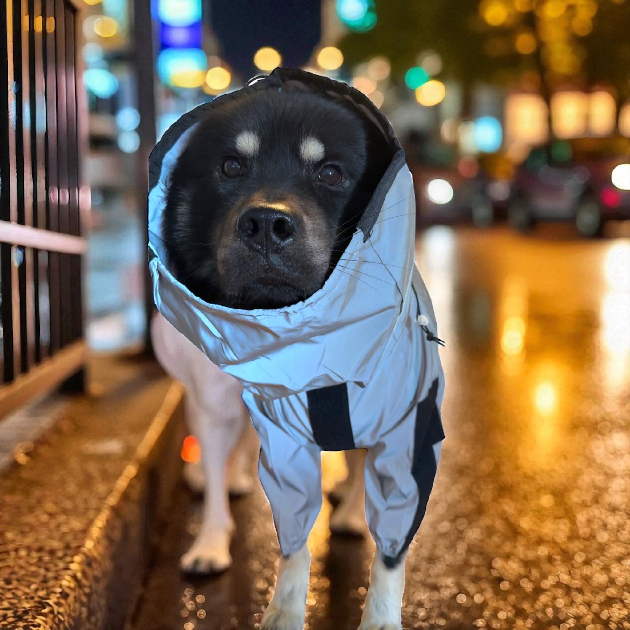 Hund som holder seg tørr og ren i regnvær med regndress