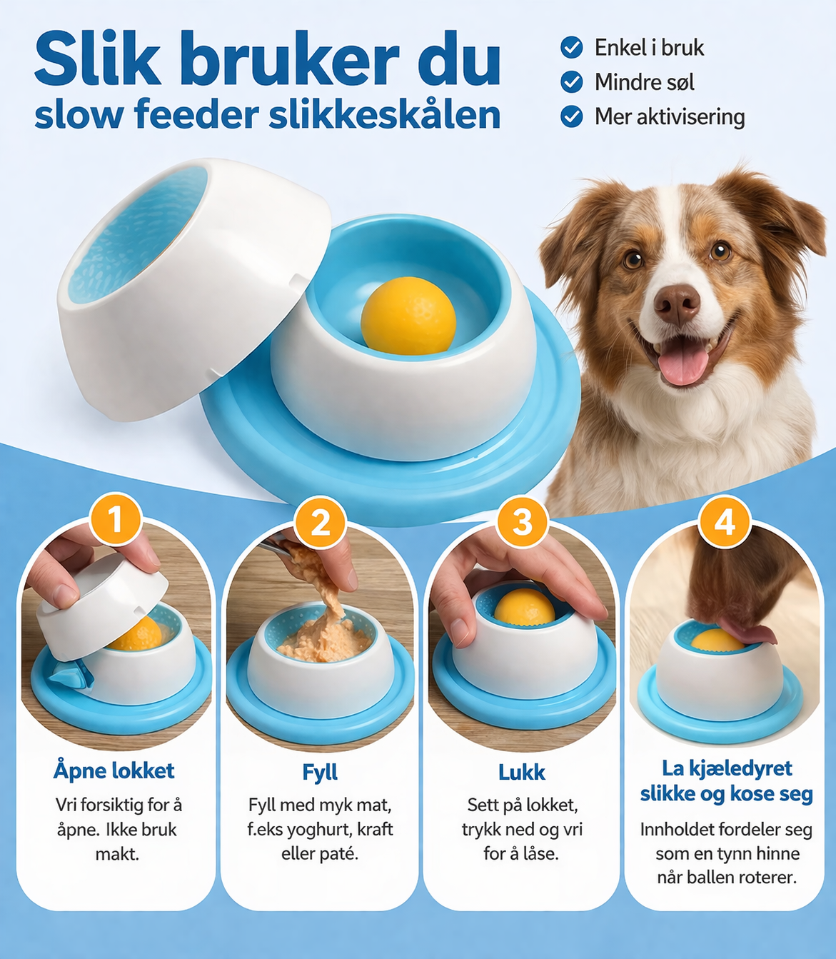 Slikkeskål med roterende ball – aktivisering til hund og katt
