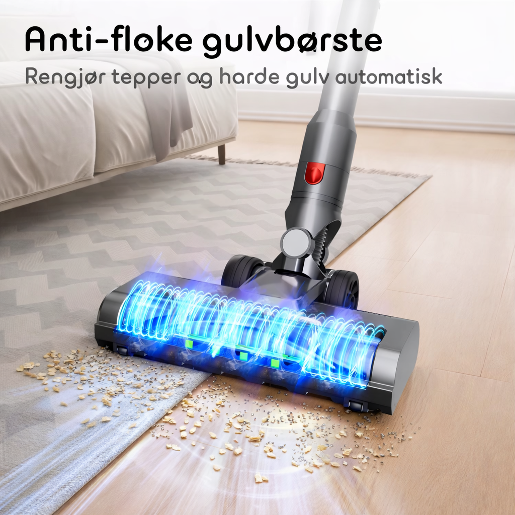 Støvsugeren har antiflokebørster som reduserer hår som setter seg fast i børsten. Også lys i front