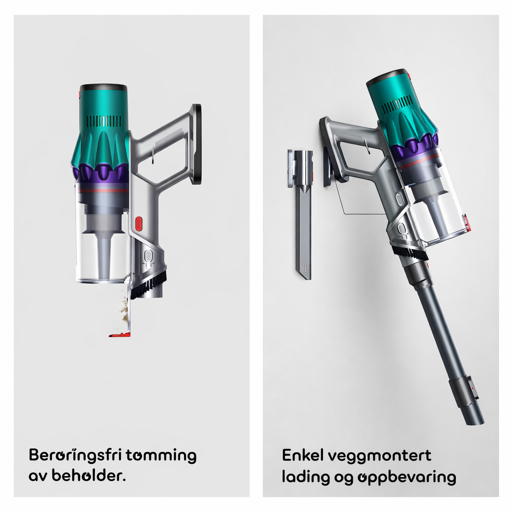 Støvsuger uten pose. Beholder som tømmes. Kan veggmonteres for enkel oppbevaring