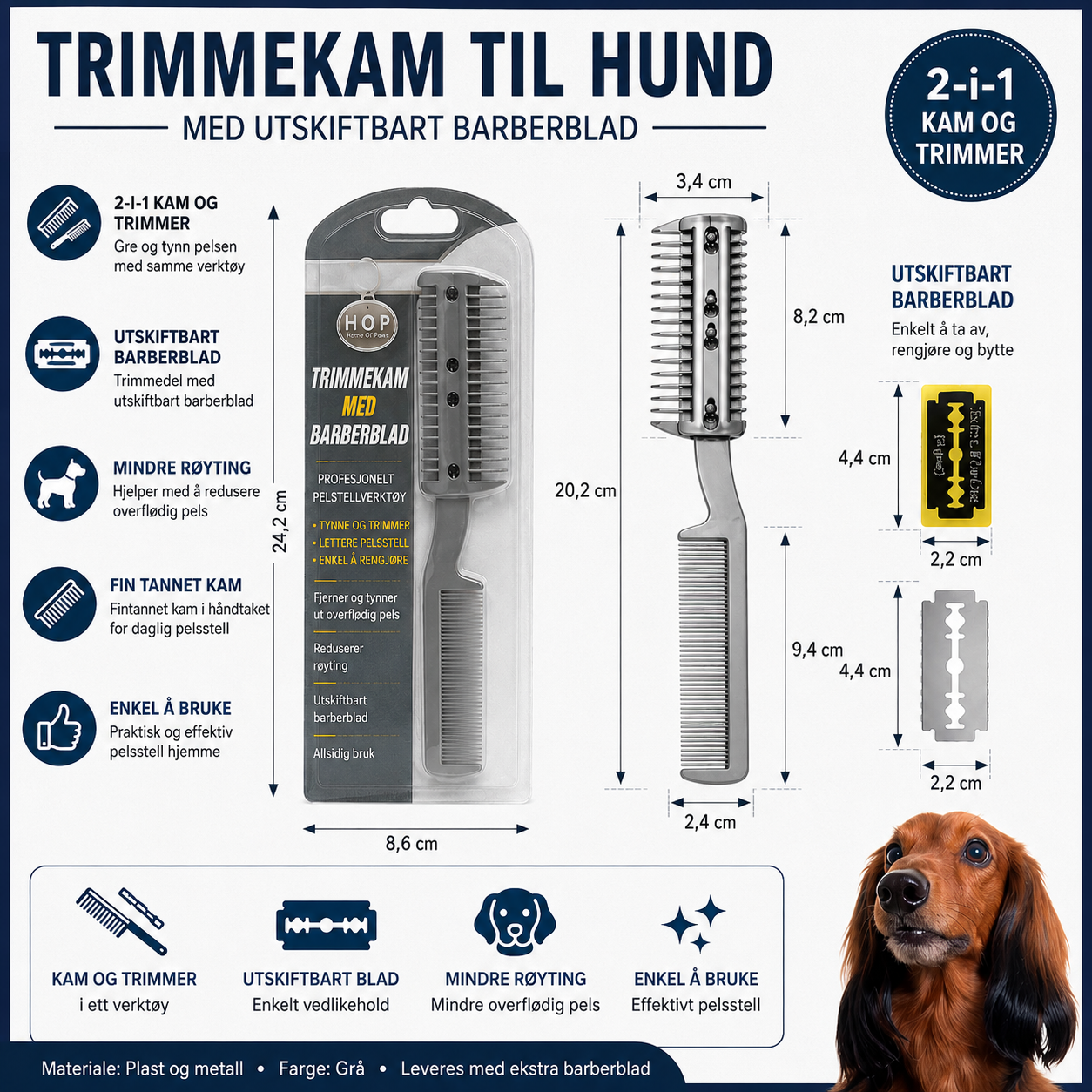Grå 2-i-1 trimmekam for trimming og tynning av hundepels