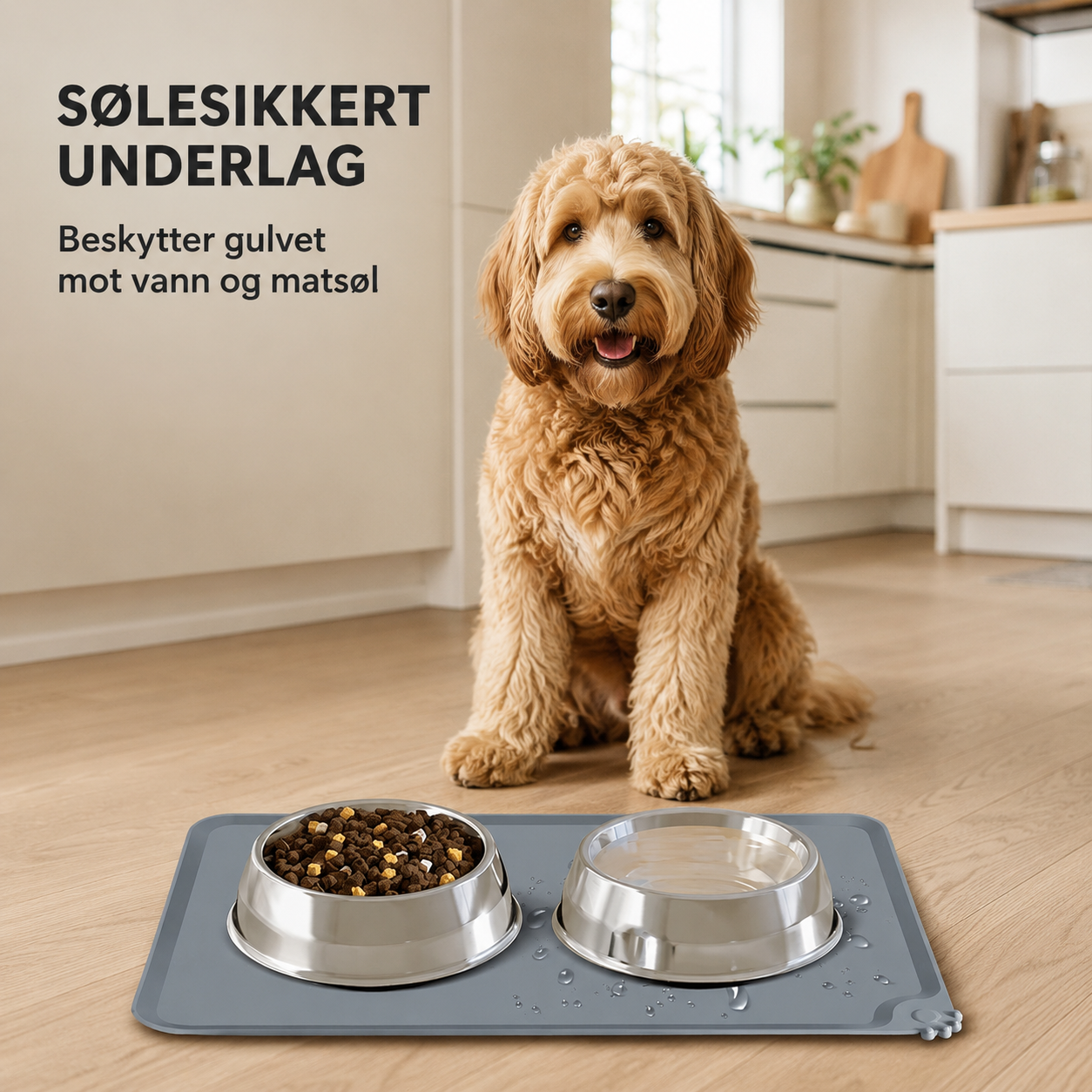 Fleksibelt silikonunderlag til hundeskåler som kan bøyes og enkelt håndteres