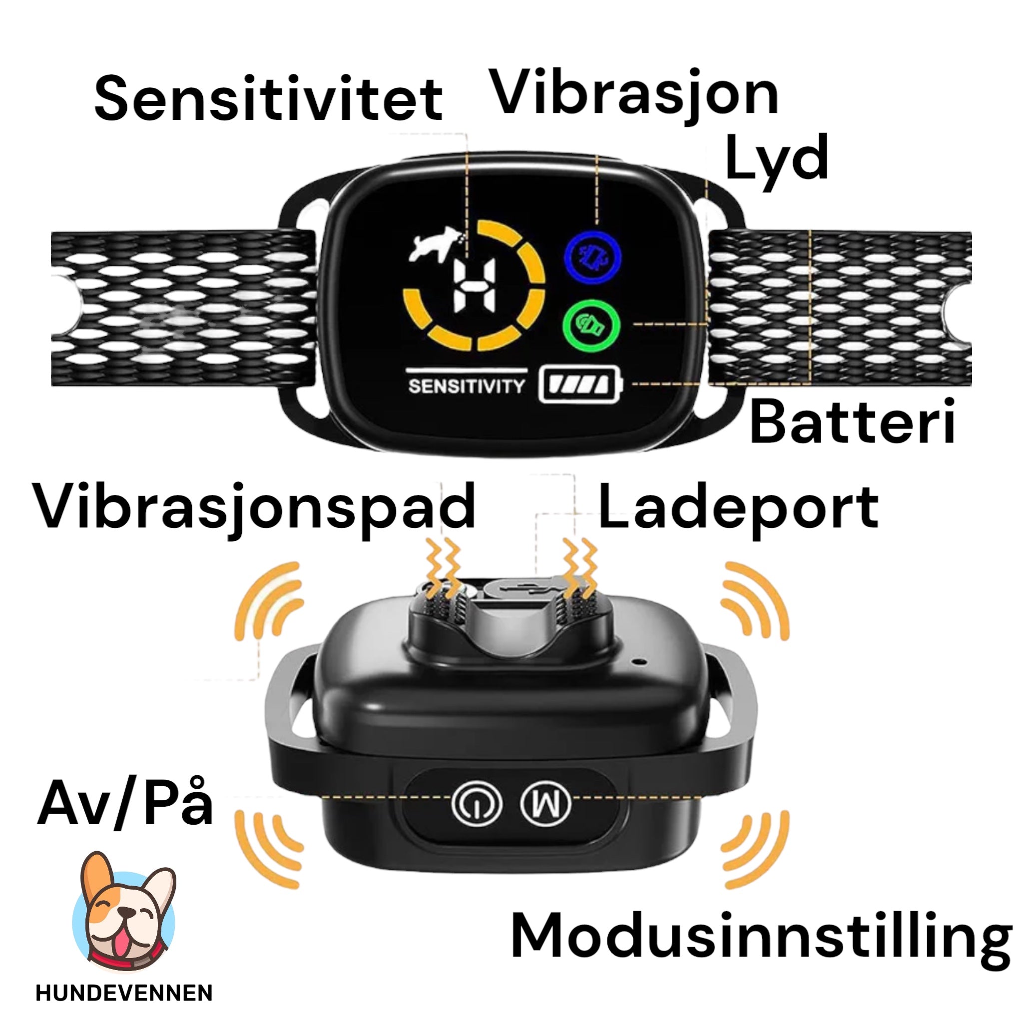 Bjeffehalsbånd med vibrasjon og lyd uten støt