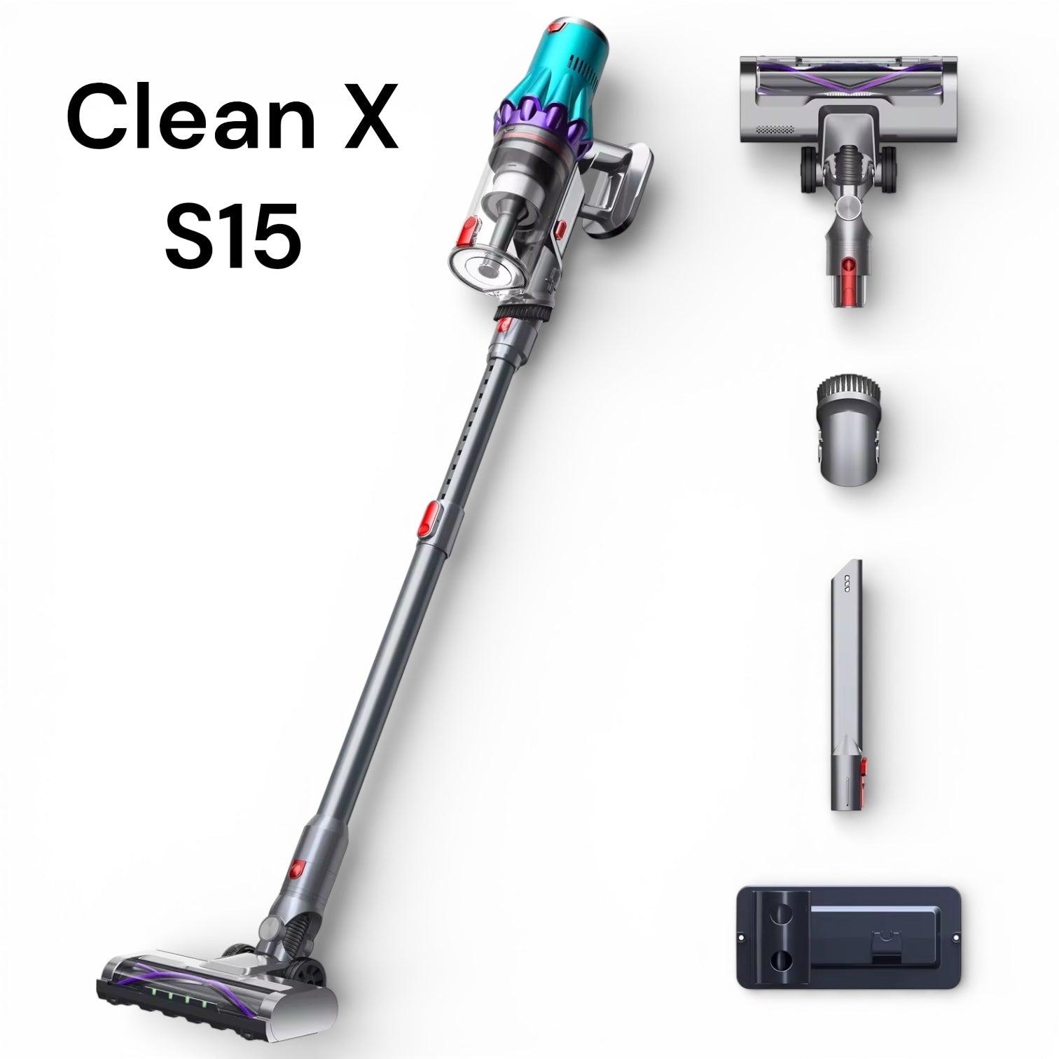 Clean X S15 trådløs støvsuger med gulvmunnstykke og medfølgende tilbehør