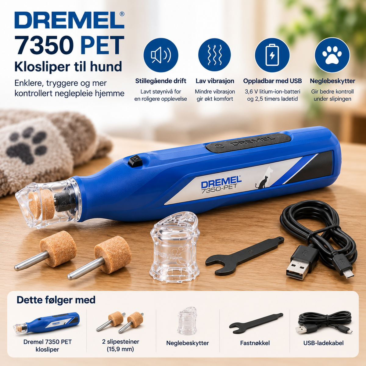 Hund får klørne slipt med Dremel 7350 PET, en oppladbar klosliper med gjennomsiktig neglebeskytter