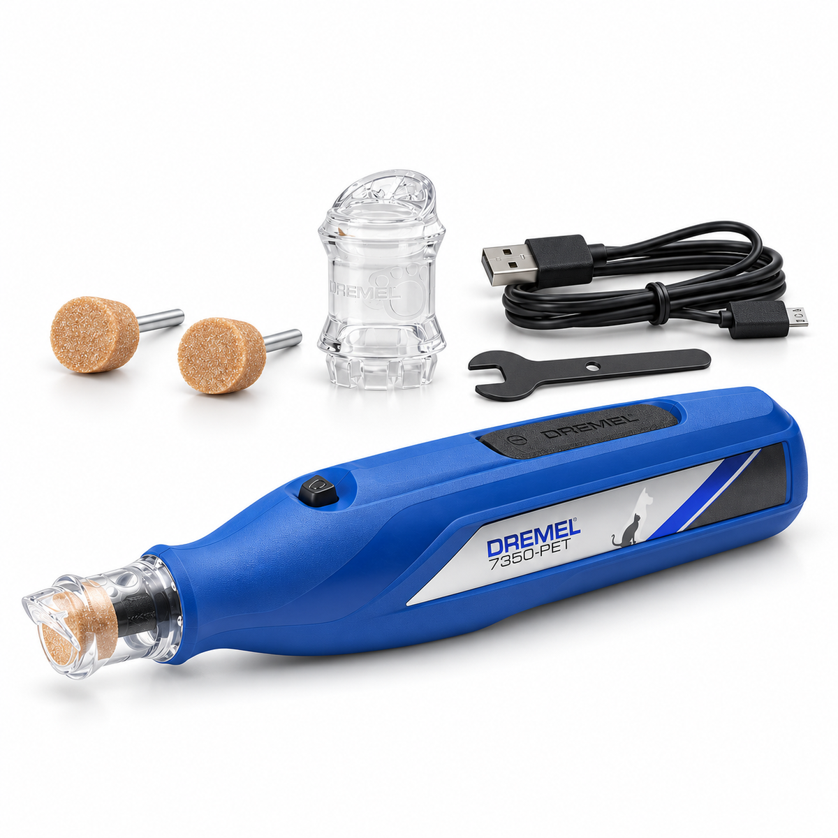 Dremel 7350 PET oppladbar klosliper til hund med to slipesteiner, neglebeskytter, fastnøkkel og USB-kabel