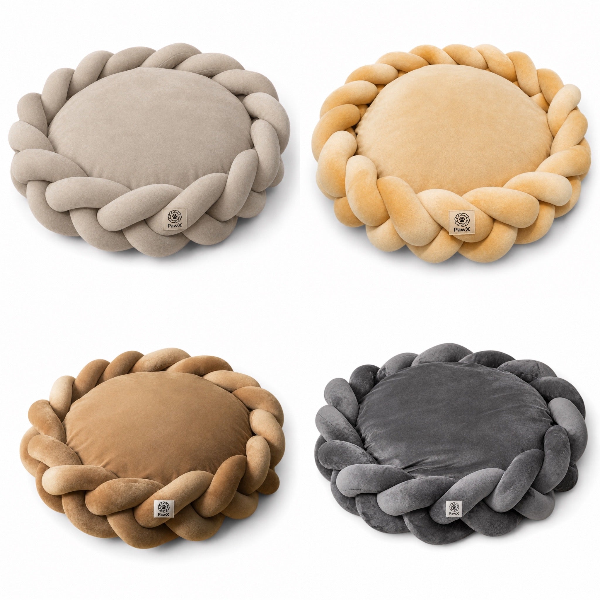 Flettet PawX hundeseng med myk rund pute, tykk polstret kant og komfortabelt design for små og mellomstore hunder
