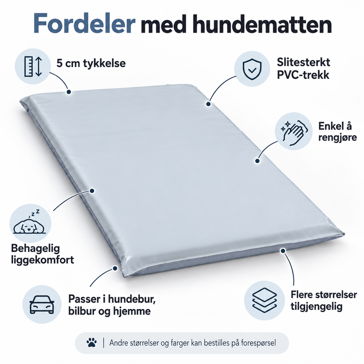 Nærbilde av det slitesterke grå PVC-trekket på hundematten