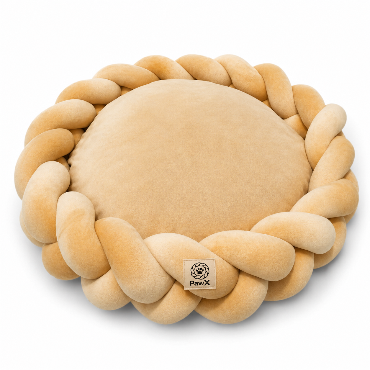 Lys beige flettet PawX hundeseng med myk rund pute, tykk polstret kant og synlig PawX-merke foran.