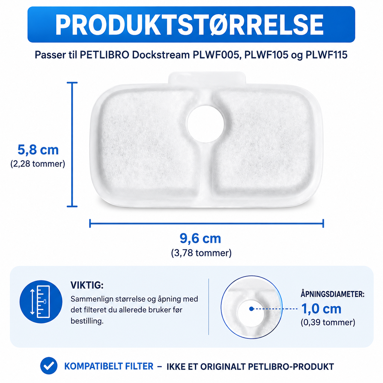 Mål på vannfontene filter cirka 9,6 x 5,8 cm